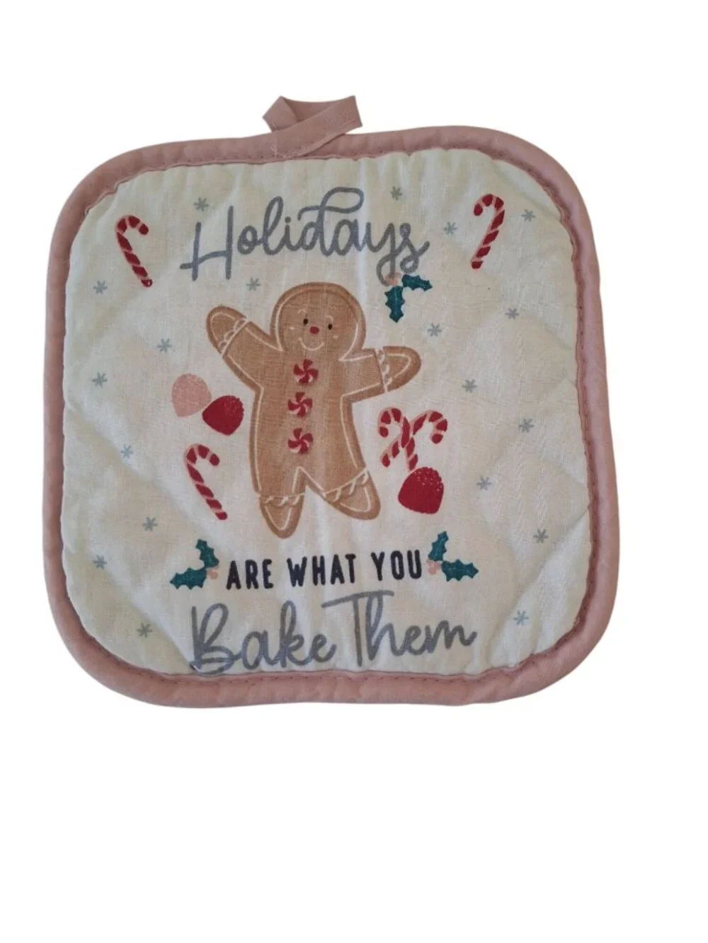 Christmas Gingerbread Potholder Pink Candy Cane Holiday Baking Cottagecore Decor